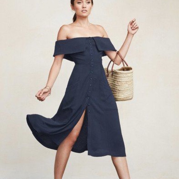 Reformation Dresses & Skirts - Reformation Mariana Deep Blue Off Shoulder Dress 2
